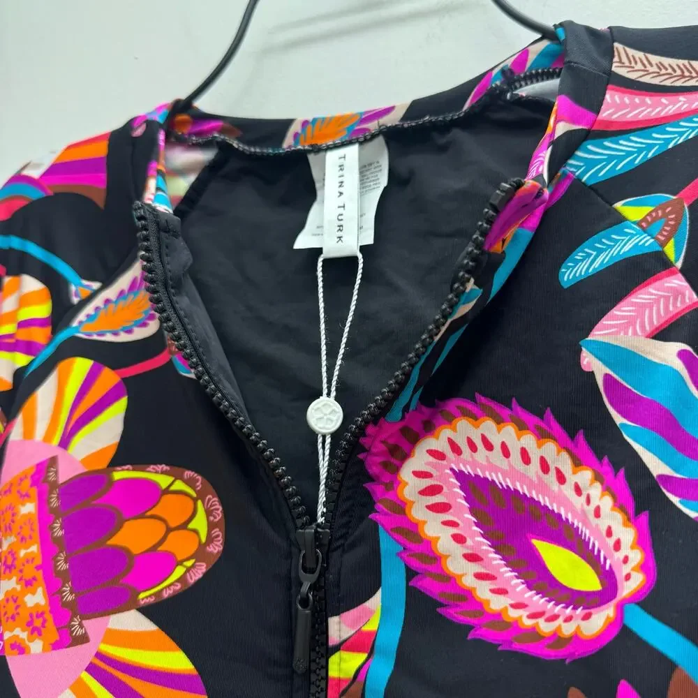 NWT Trina Turk Long Sleeve Zip Up Paddle Suit One Piece Swimsuit sz L Tropical